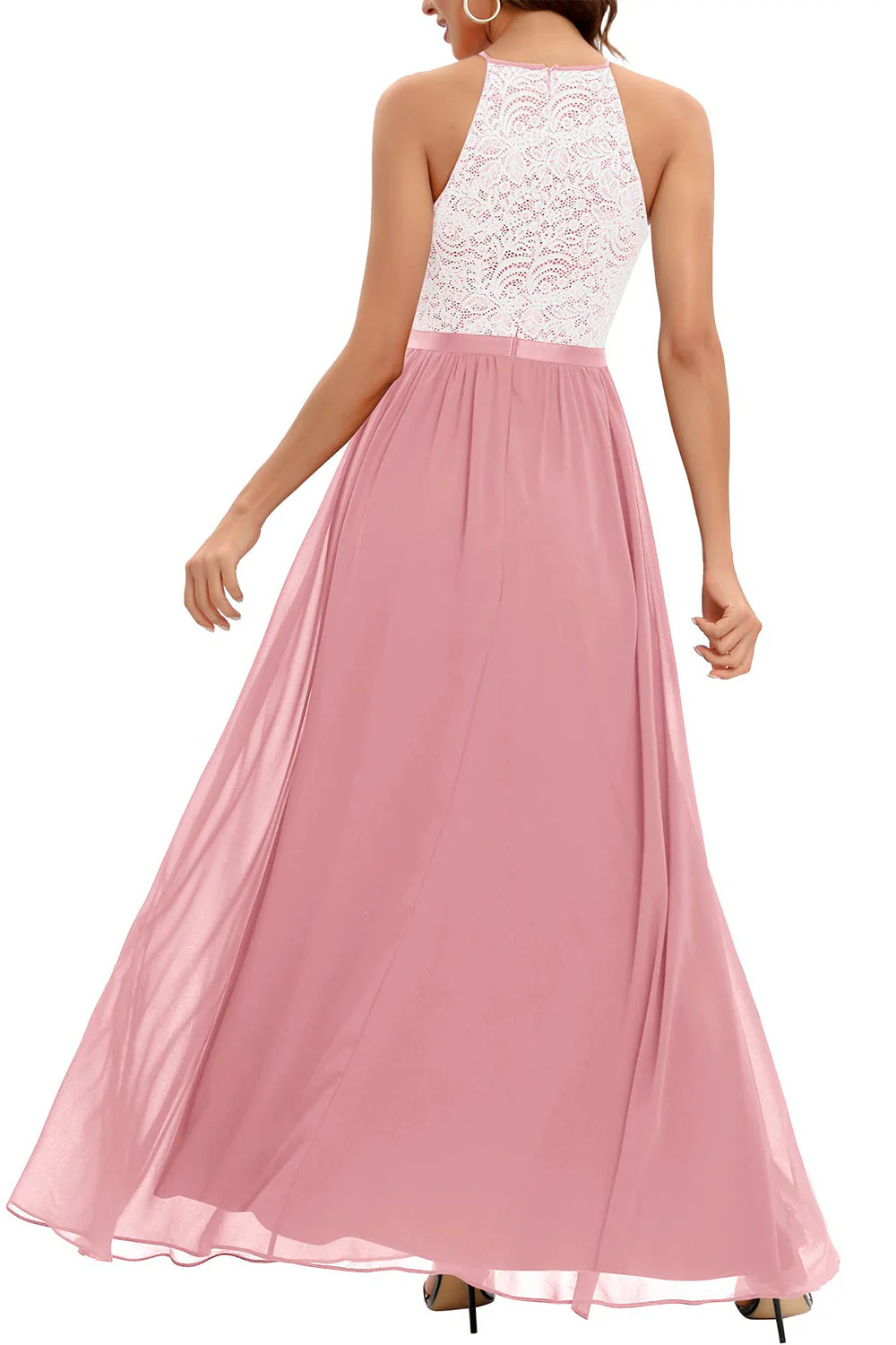 A Line Halter Blush Long Bridesmaid Dress with Lace - JUORTHO