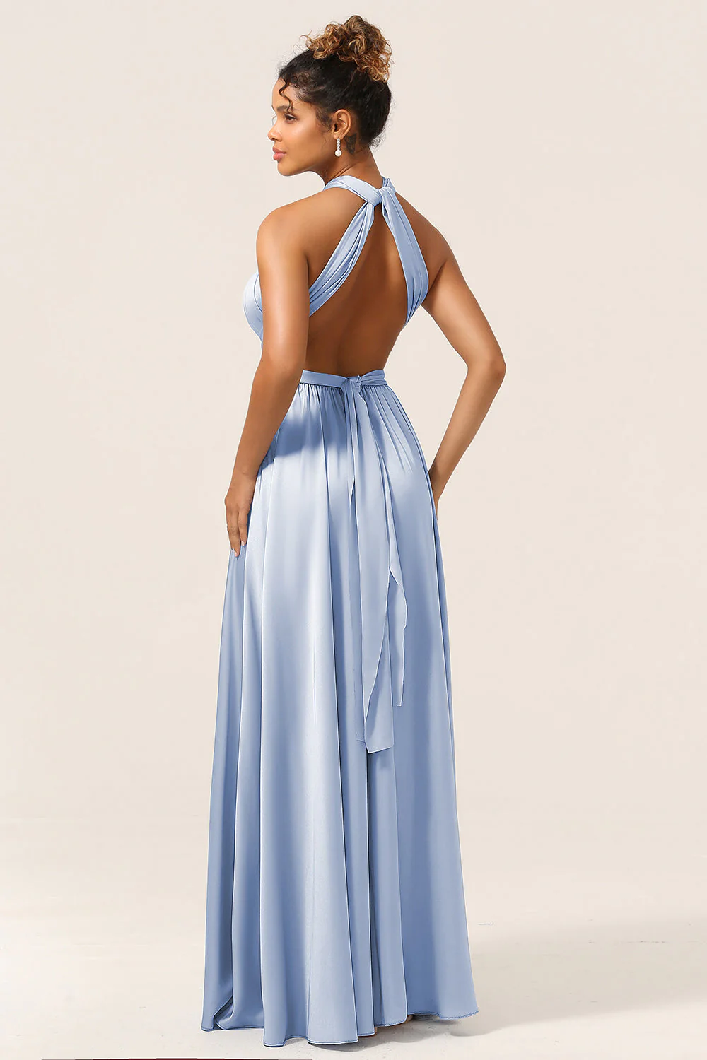 Blue Satin Convertible Bridesmaid Dress with Slit - JUORTHO