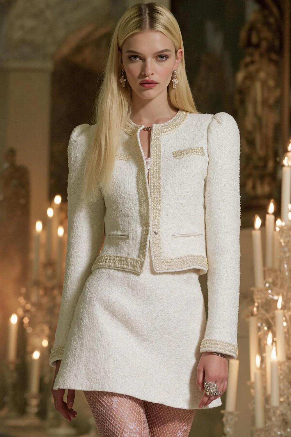 White Tight 2 Piece Tweed Round Neck Homecoming Outfits with Sleeves - JUORTHO