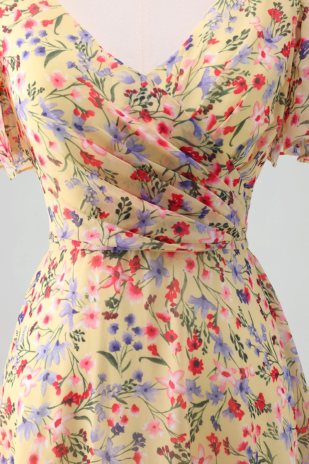 Yellow Flower Printed Chiffon A-Line V-neck Short Sleeves Long Prom Dress - JUORTHO