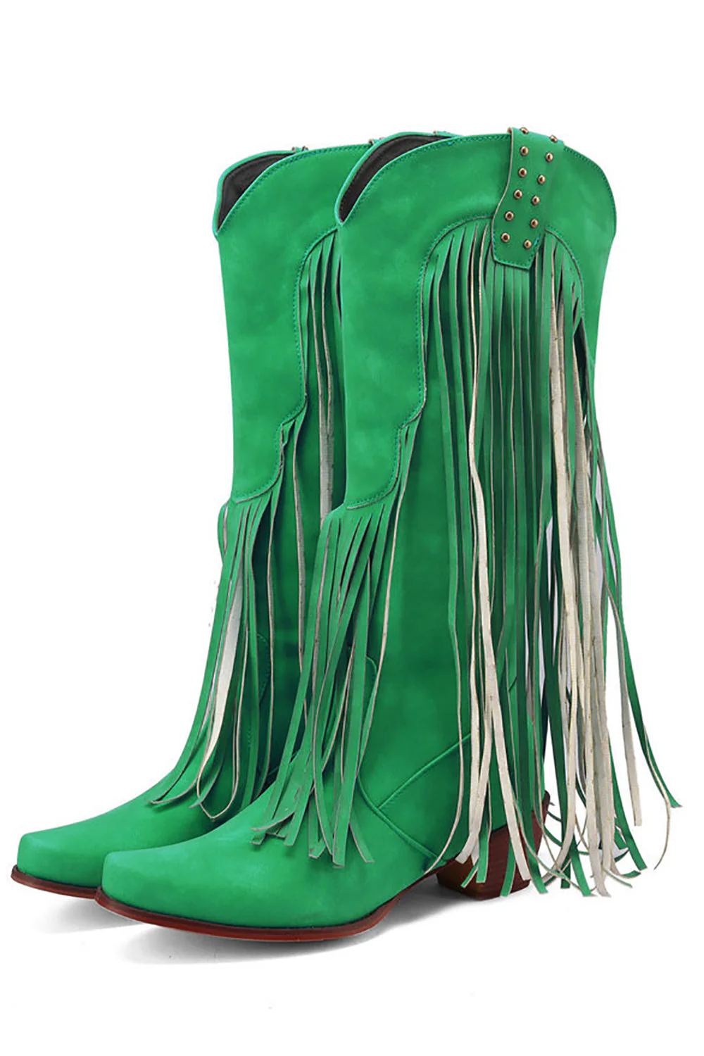 Blue Pointed Toe Wood Grain Thick Heel Boots with Tassel - JUORTHO