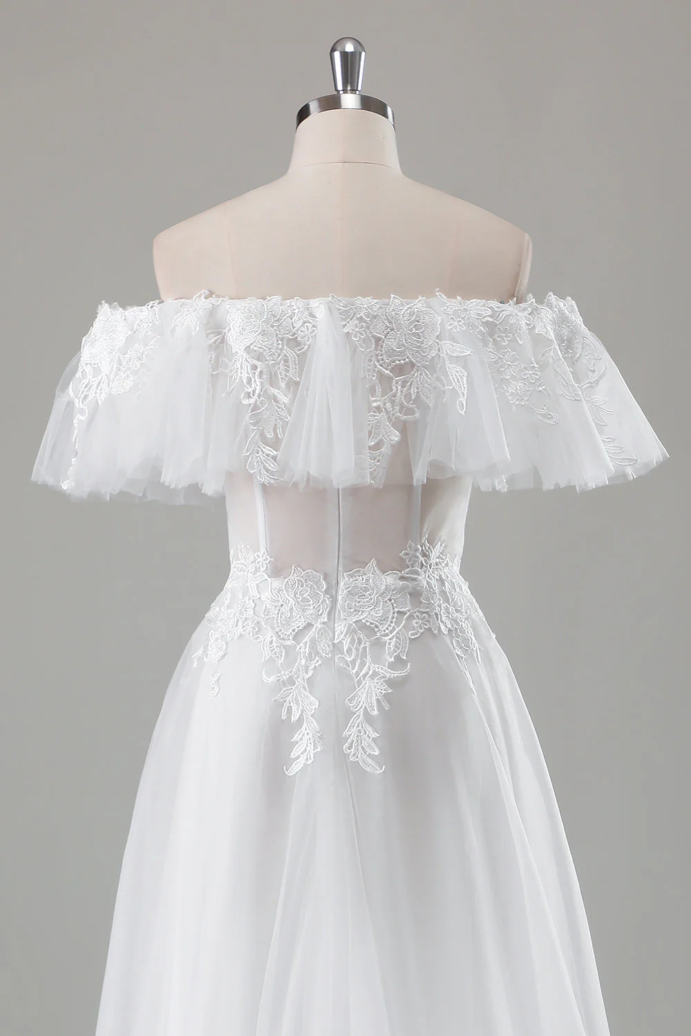 Ivory Off the Shoulder A-Line Wedding Dress with Appliqued Lace - JUORTHO