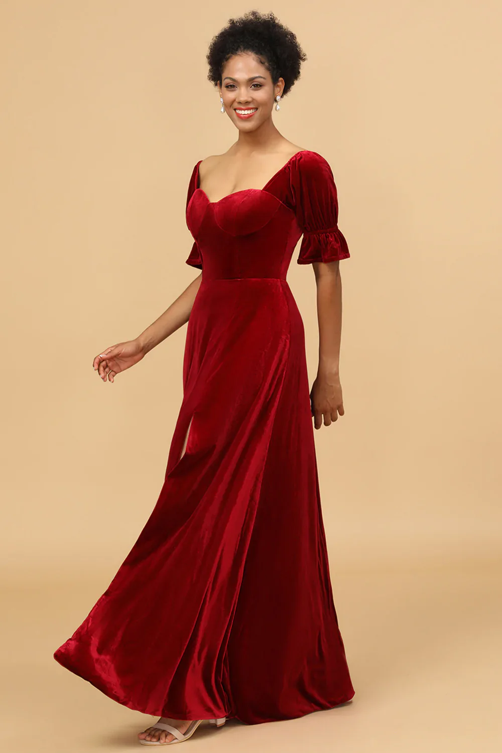 Red Velvet Half Sleeves Bridesmaid Dress With Slit - JUORTHO
