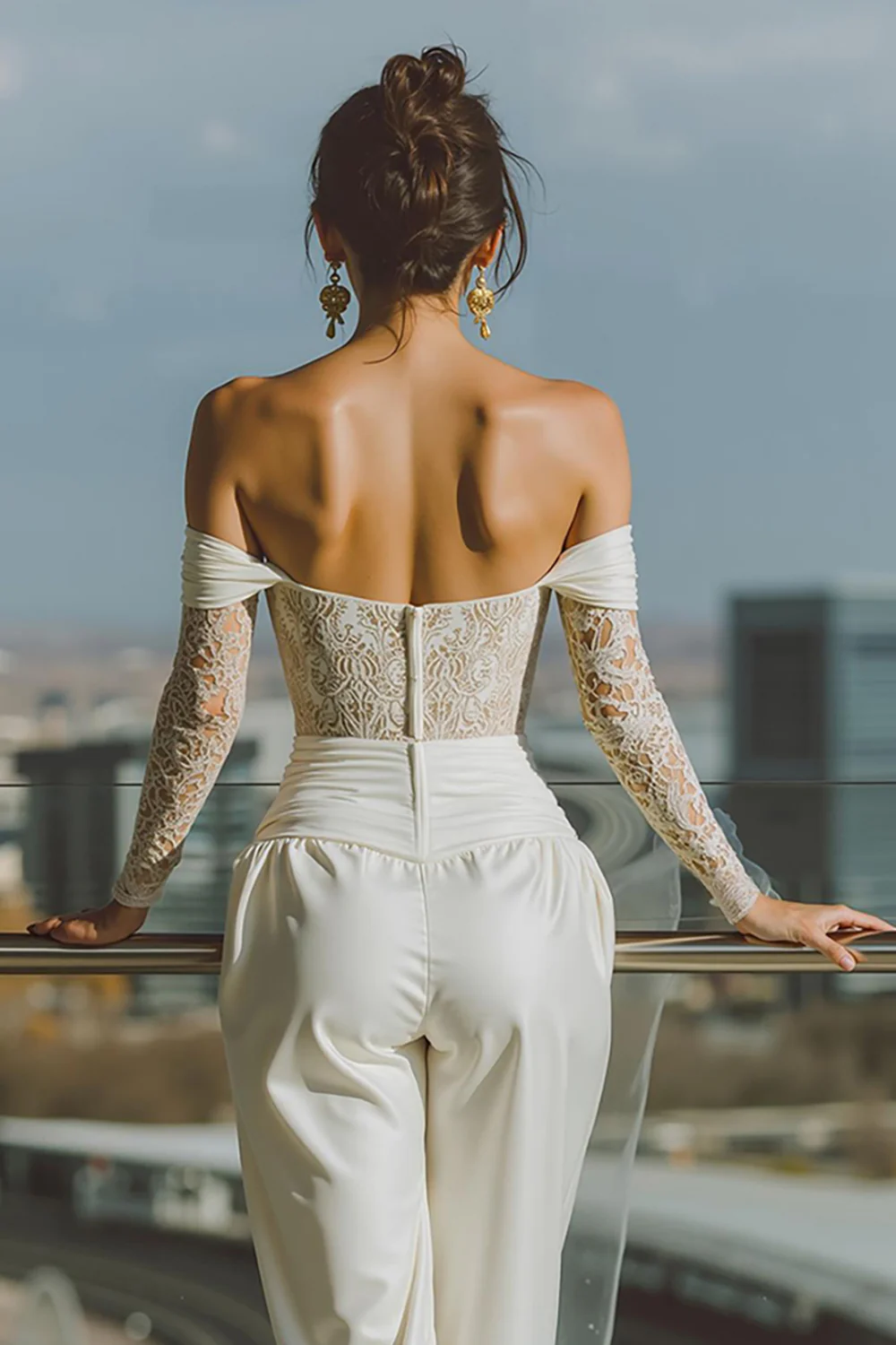 White Off the Shoulder Bridal Jumpsuits with Lace - JUORTHO