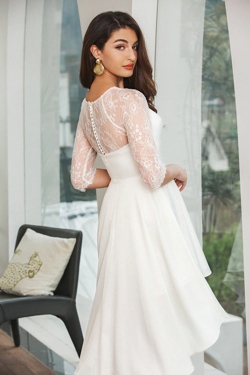 Simple White Lace Sleeves High Low Graduation Dress - JUORTHO