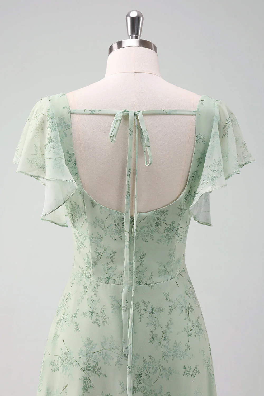 Grey Green Square Neck Floral Printed Bridesmaid Dress with Slit - JUORTHO