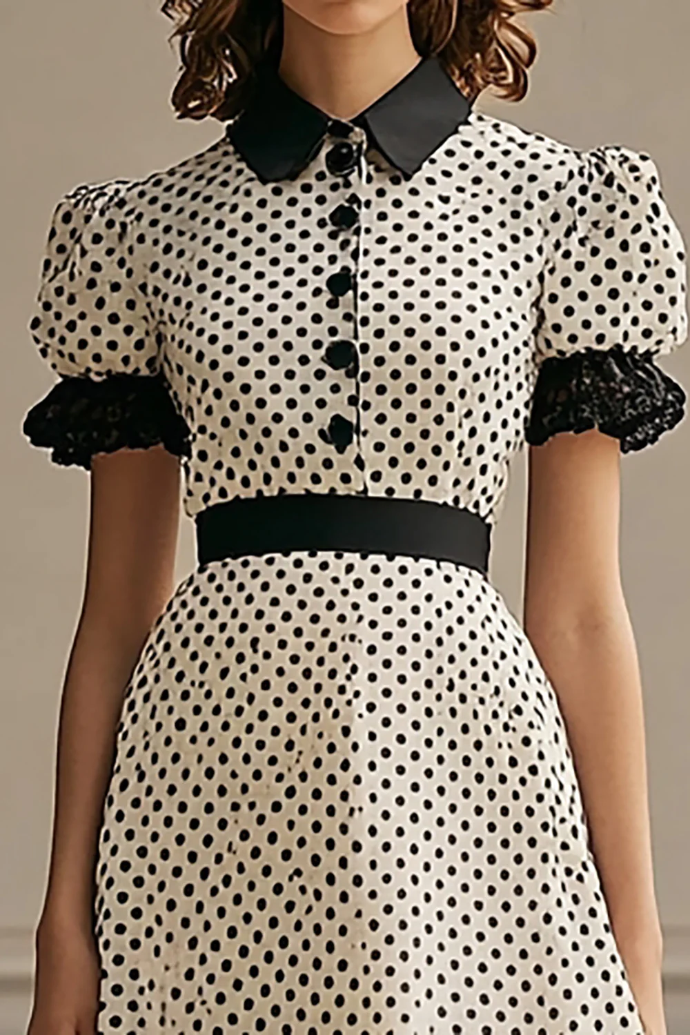 Chiffon Short Sleeves Black and White A Line Midi Polka Dot Dress with Ruffles - JUORTHO