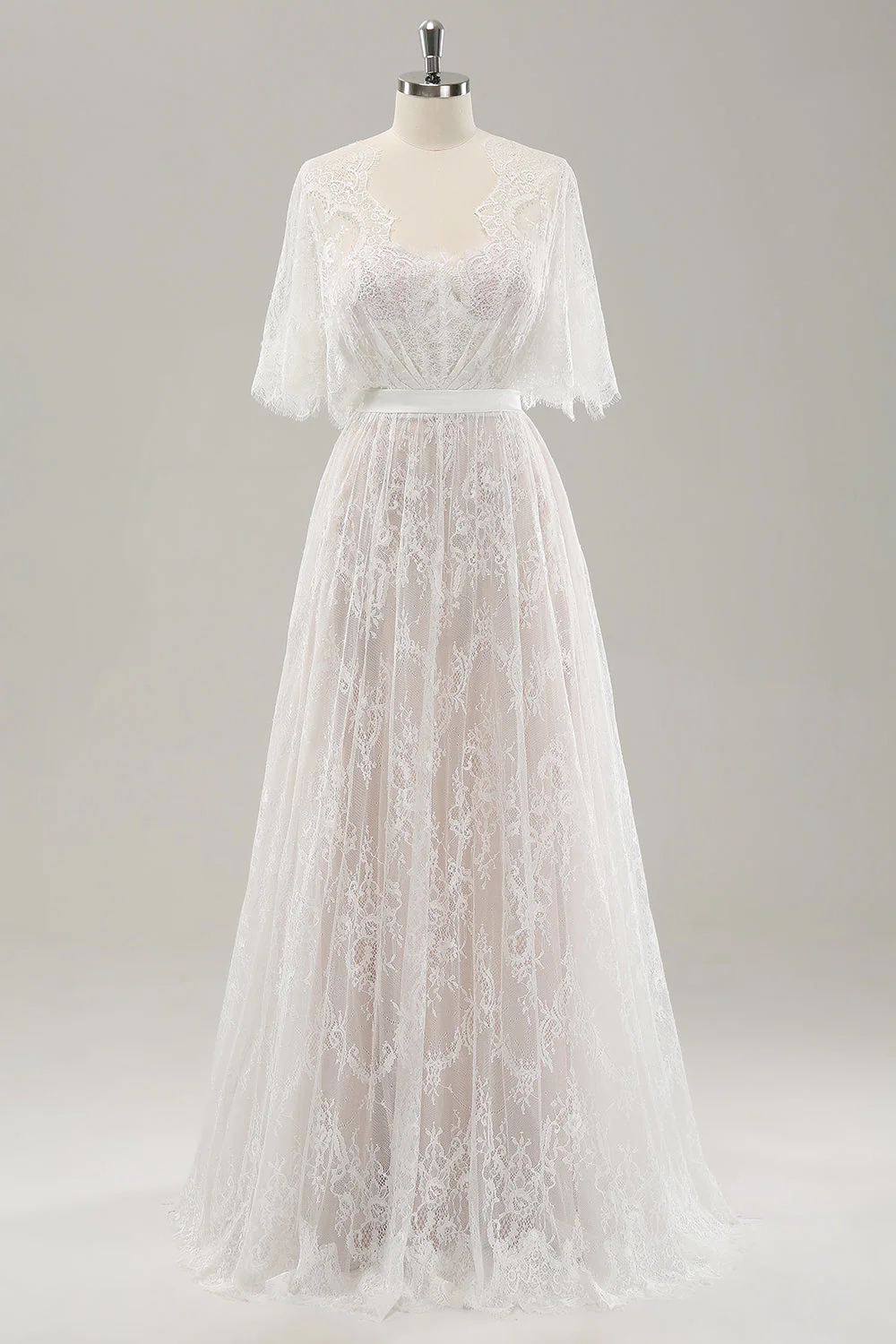 White A Line Sweetheart Lace Long Wedding Dress with Short Sleeves - JUORTHO