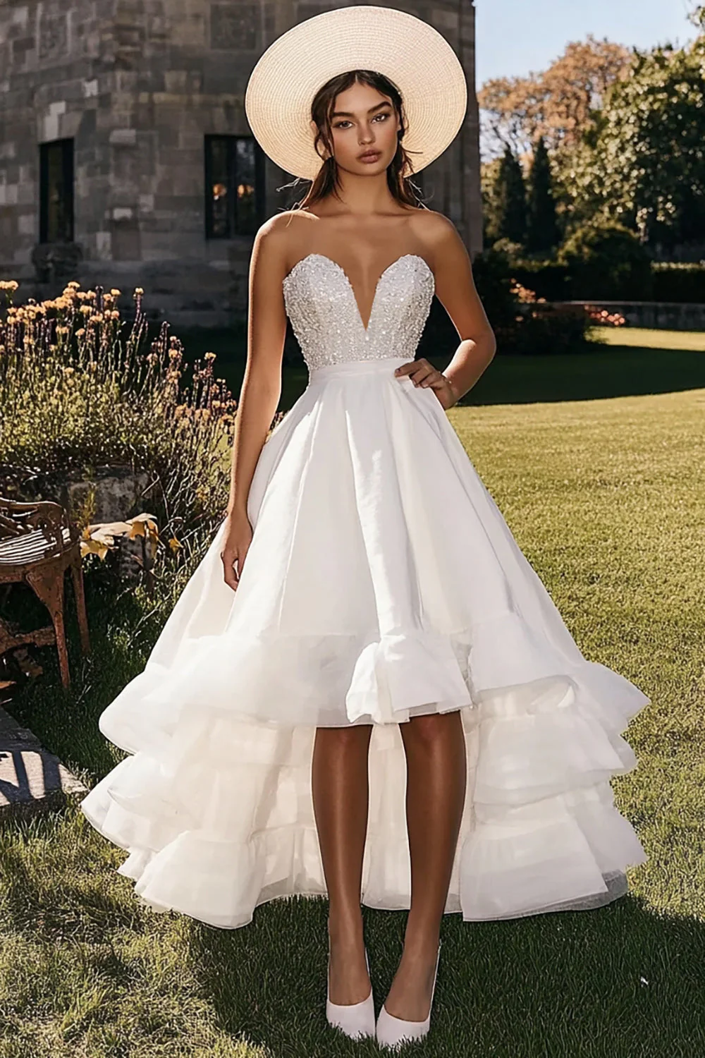 Sparkly White Strapless High-Low Engagement Dress with Ruffles - JUORTHO