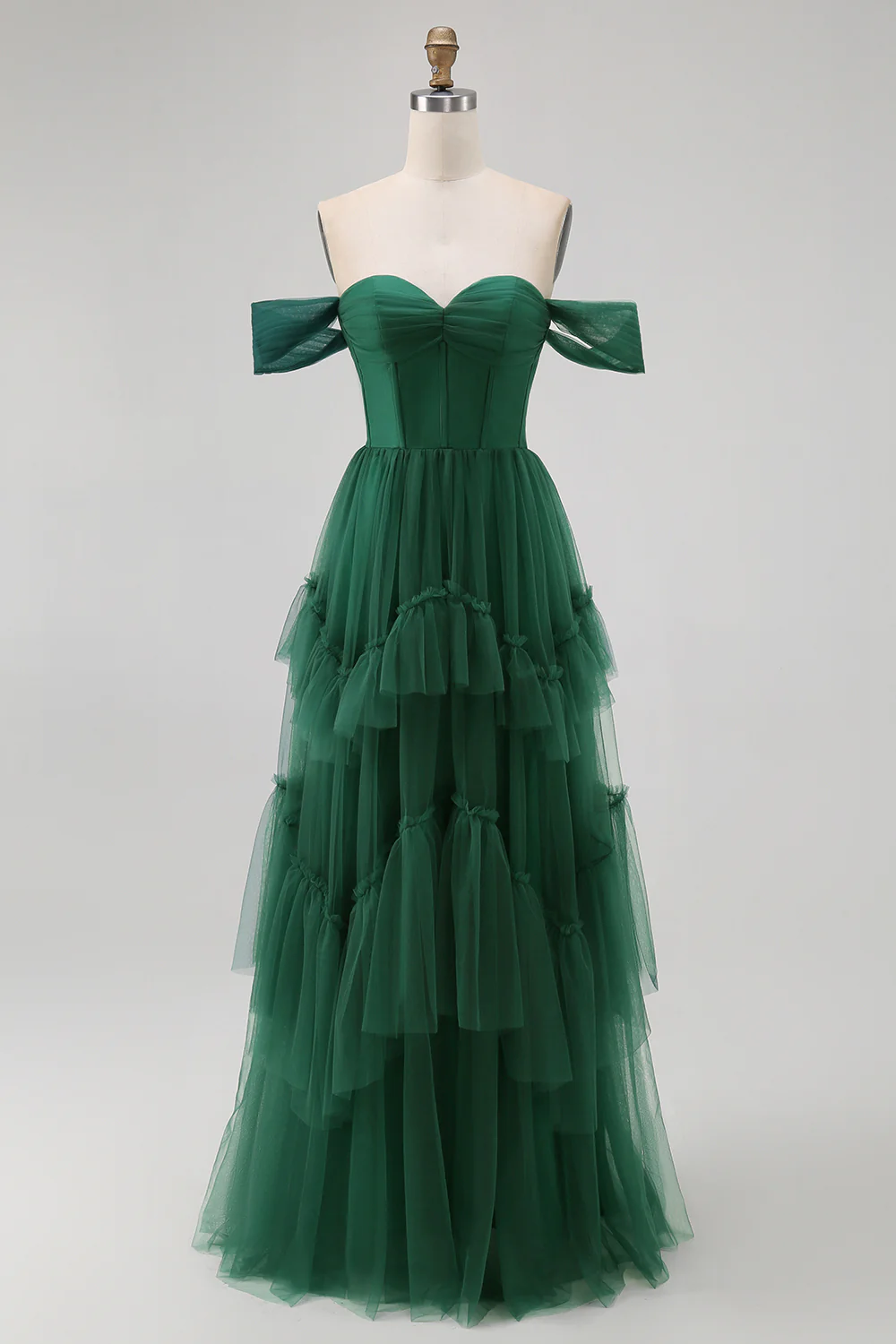 Dark Green Tulle A-Line Tiered Long Corset Wedding Guest Dress - JUORTHO