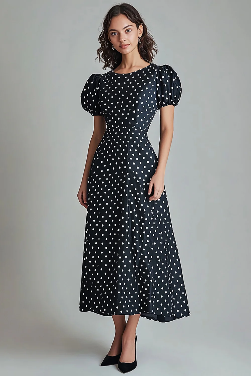 Boho Black and White Satin Puff Sleeves A Line Maxi Polka Dot Dress - JUORTHO
