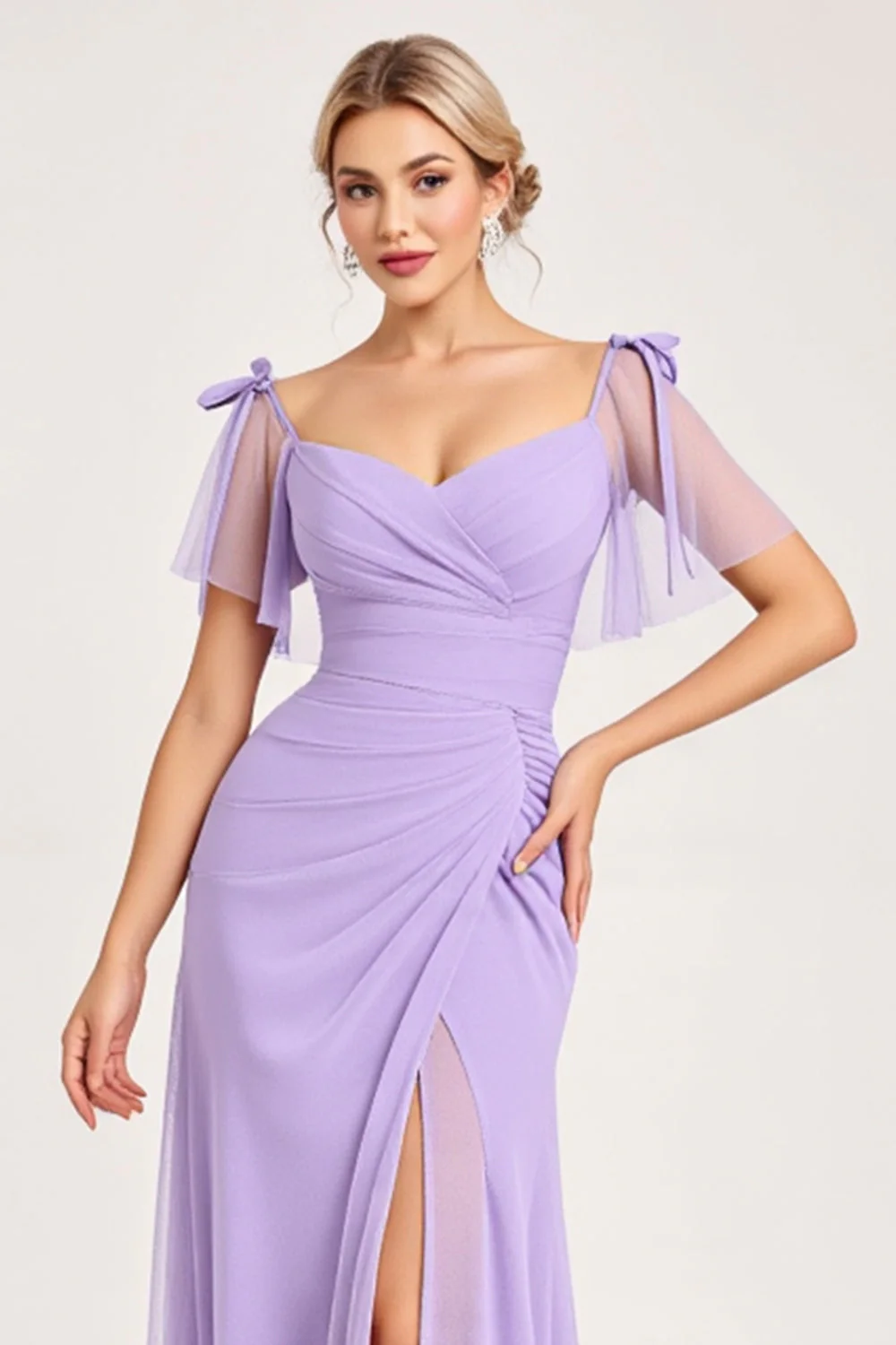 Lilac Maxi Sheath Spaghetti Straps Bridesmaid Dress with Slit - JUORTHO