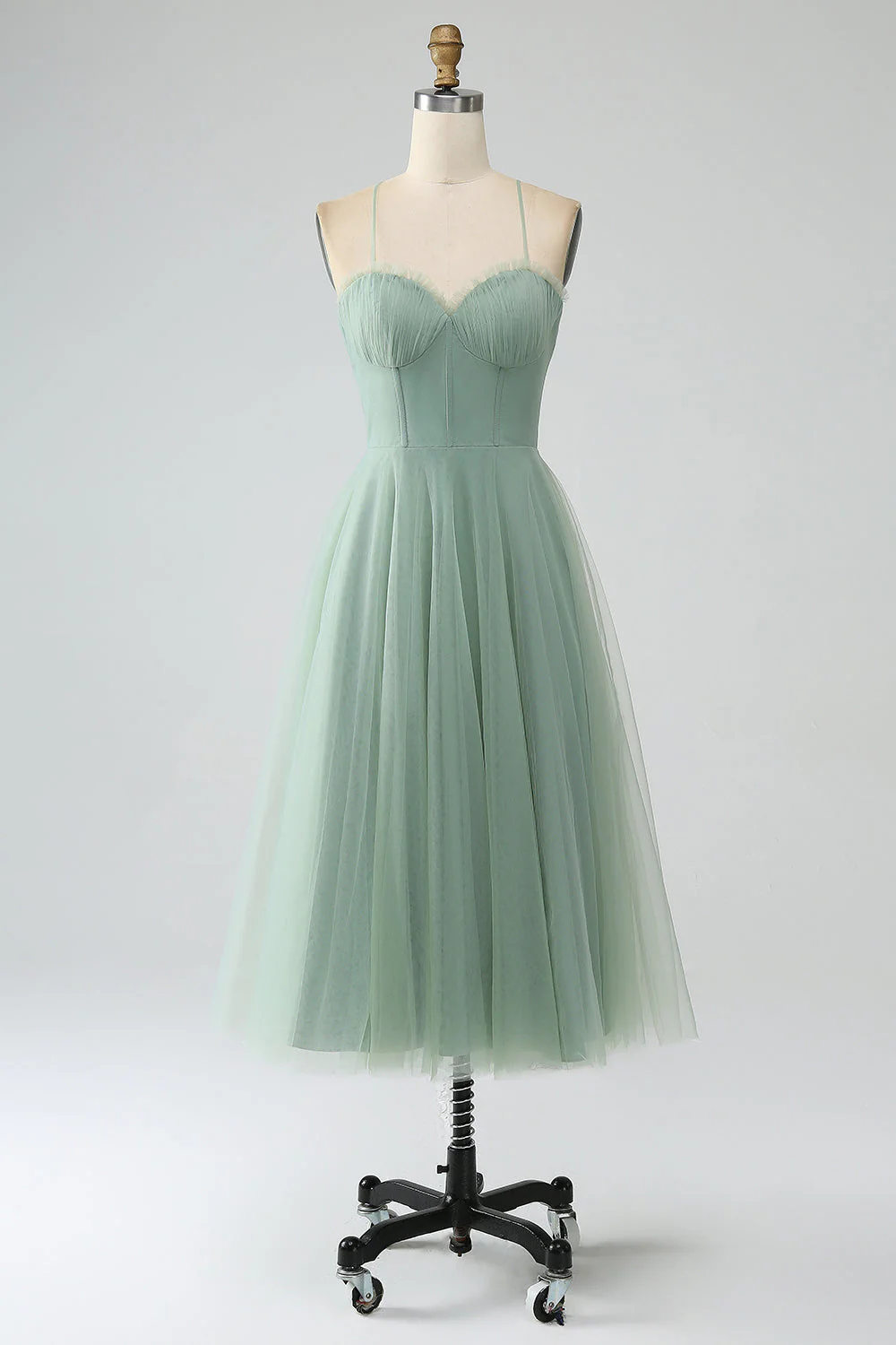 Matcha A-Line Spaghetti Straps Tea-Length Corset Tulle Bridesmaid Dress - JUORTHO