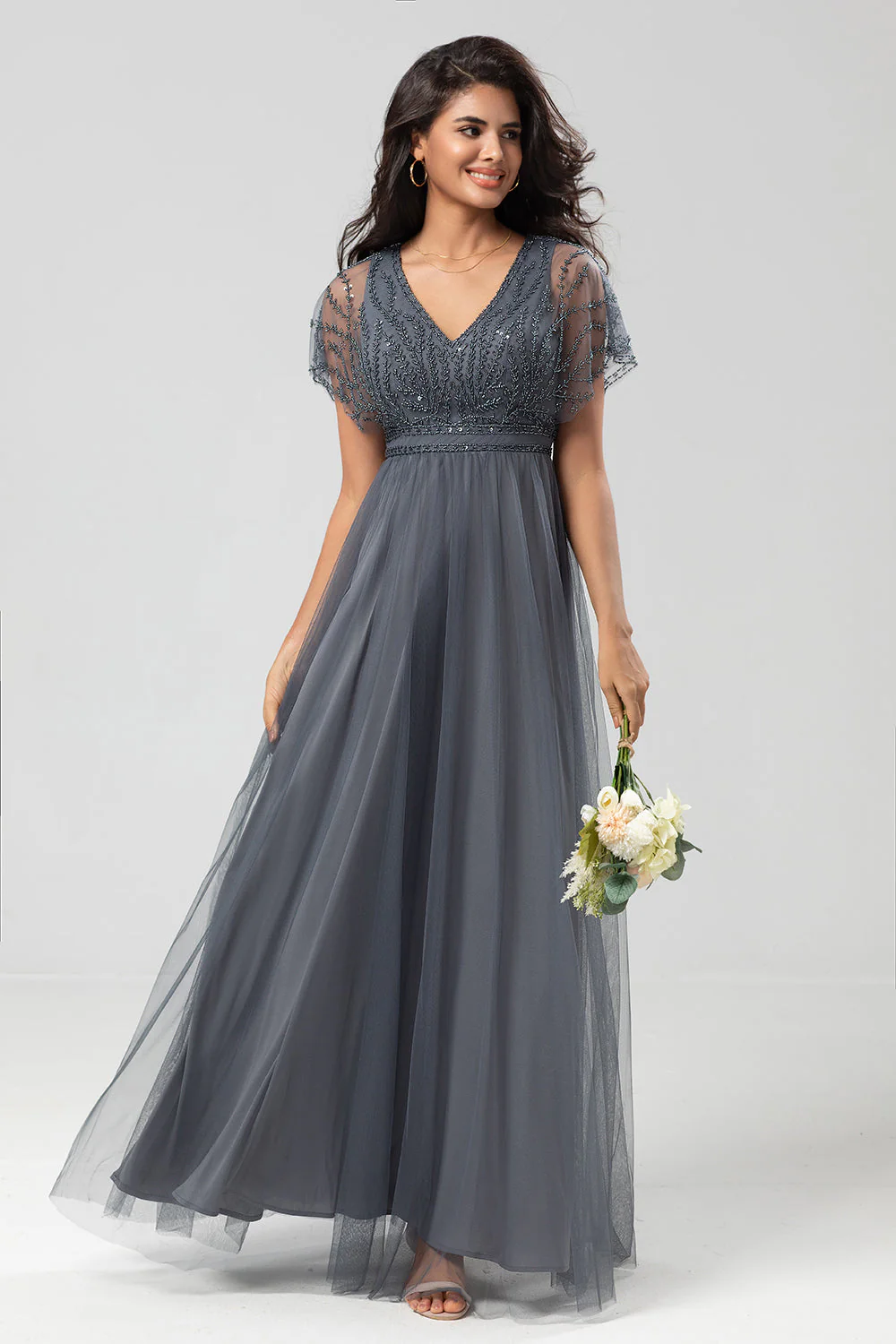 Epitome of Romance A-Line V Neck Eucalyptus Long Bridesmaid Dress with Beading - JUORTHO