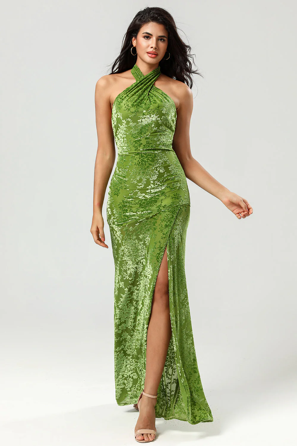 Velvet Halter Olive Holiday Party Dress - JUORTHO