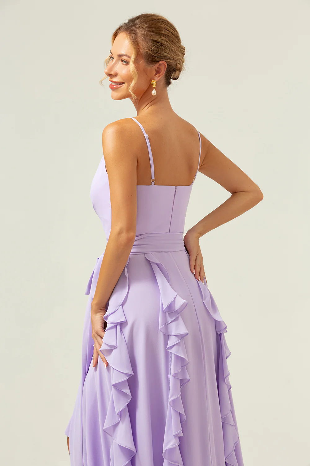 Lilac A-Line Spaghetti Straps Long Bridesmaid Dress With Slit - JUORTHO