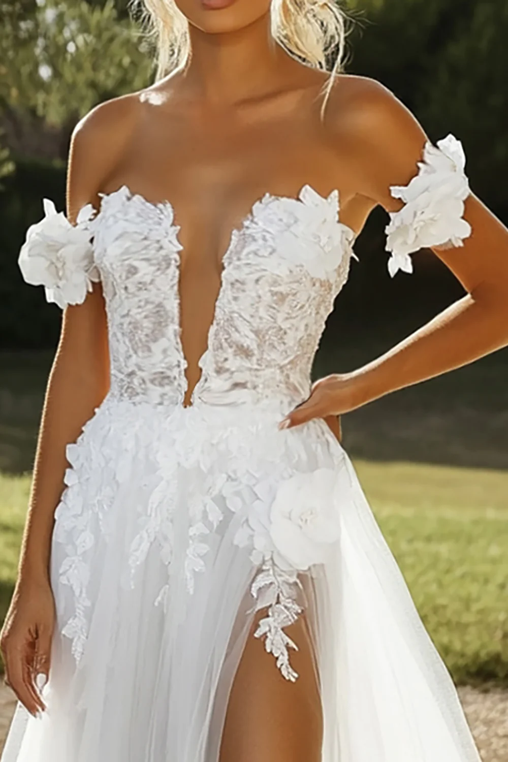 Ivory Tulle Lace A Line Wedding Dress with Appliques - JUORTHO