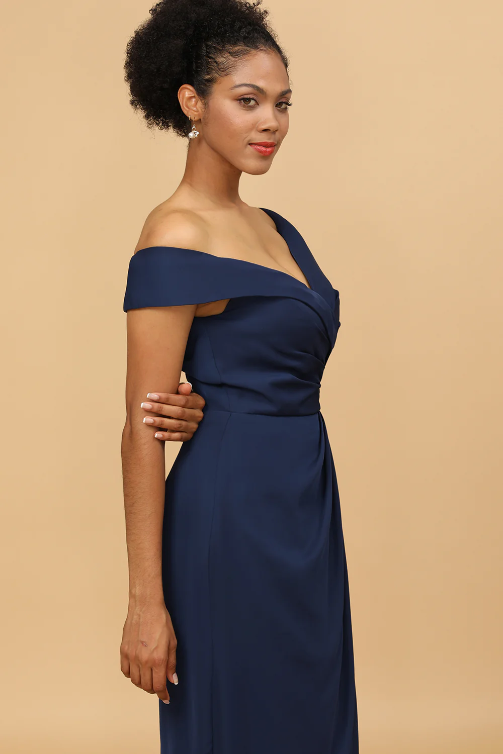 Off-the-Shoulder Navy Asymmetrical Satin Bridesmaid Dress - JUORTHO