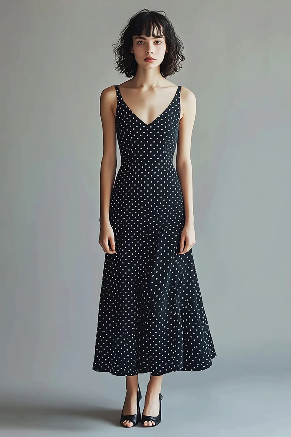Chiffon Straps Black and White Maxi A Line Polka Dot Dress - JUORTHO