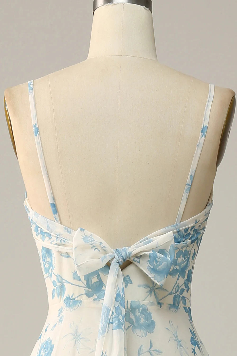 Spaghetti Straps Blue Floral Long Bridesmaid Dress - JUORTHO