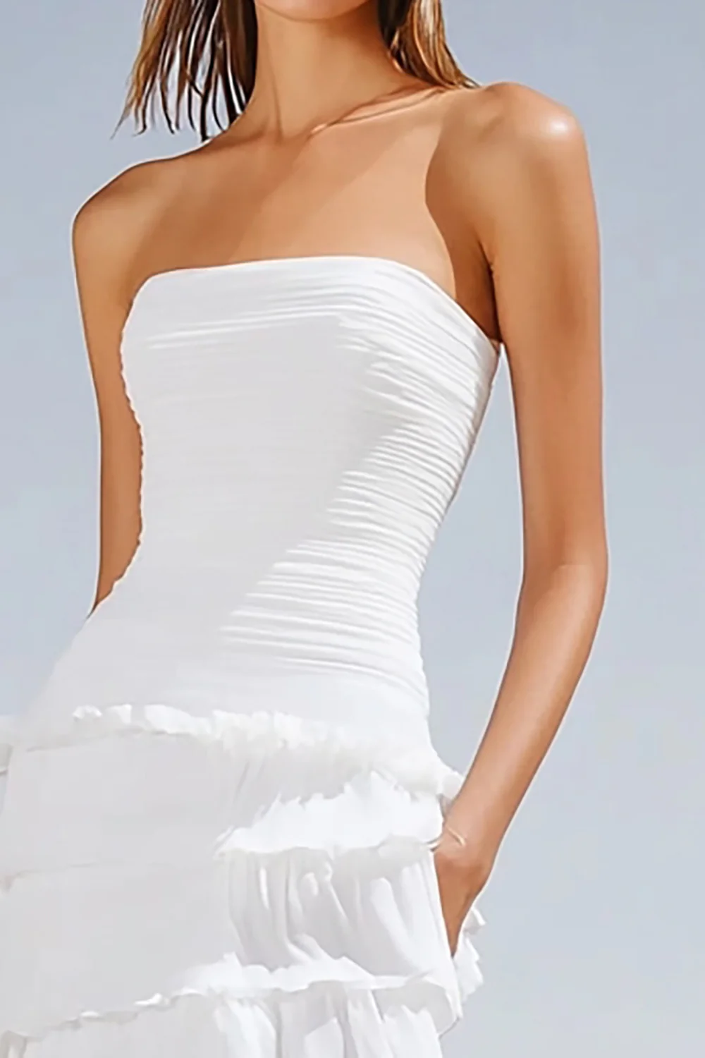 Ivory Strapless Asymmetrical Boho Western Wedding Dress with Ruffles - JUORTHO