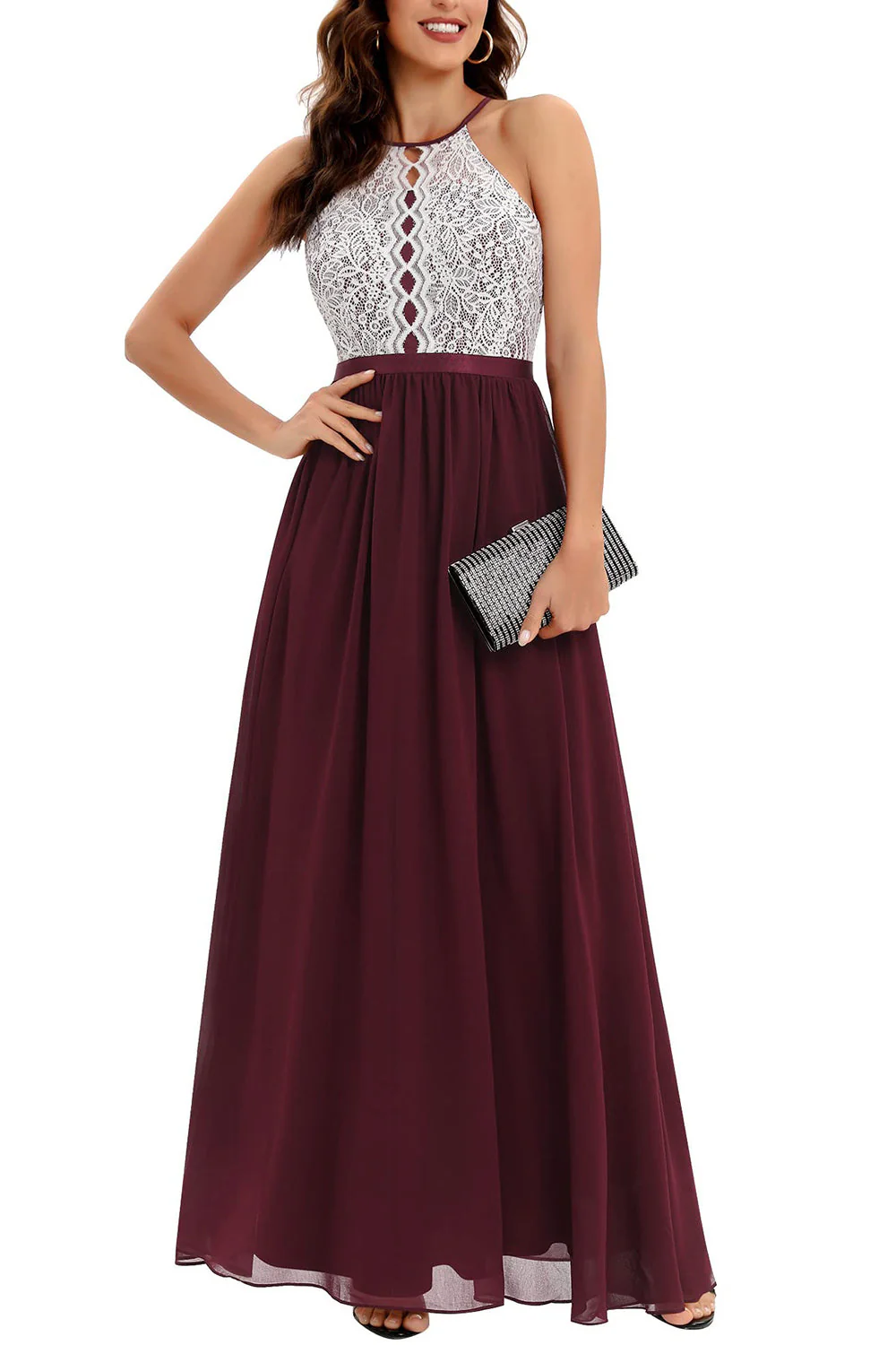 A Line Halter Blush Long Bridesmaid Dress with Lace - JUORTHO