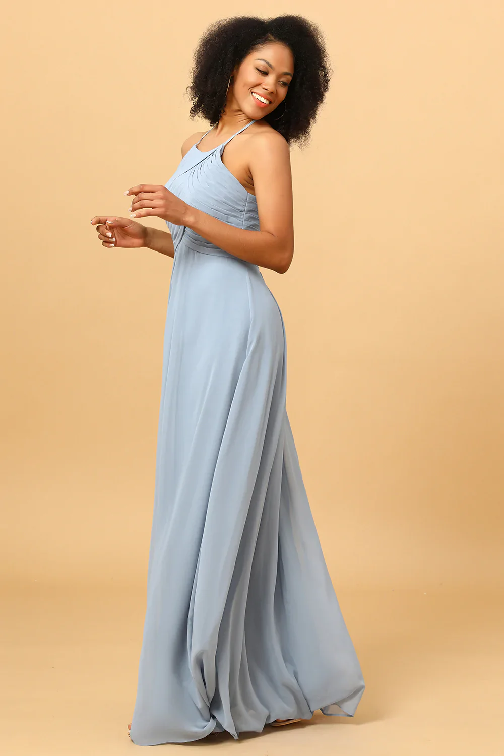 Halter Chiffon Blue Bridesmaid Dress with Ruffles - JUORTHO