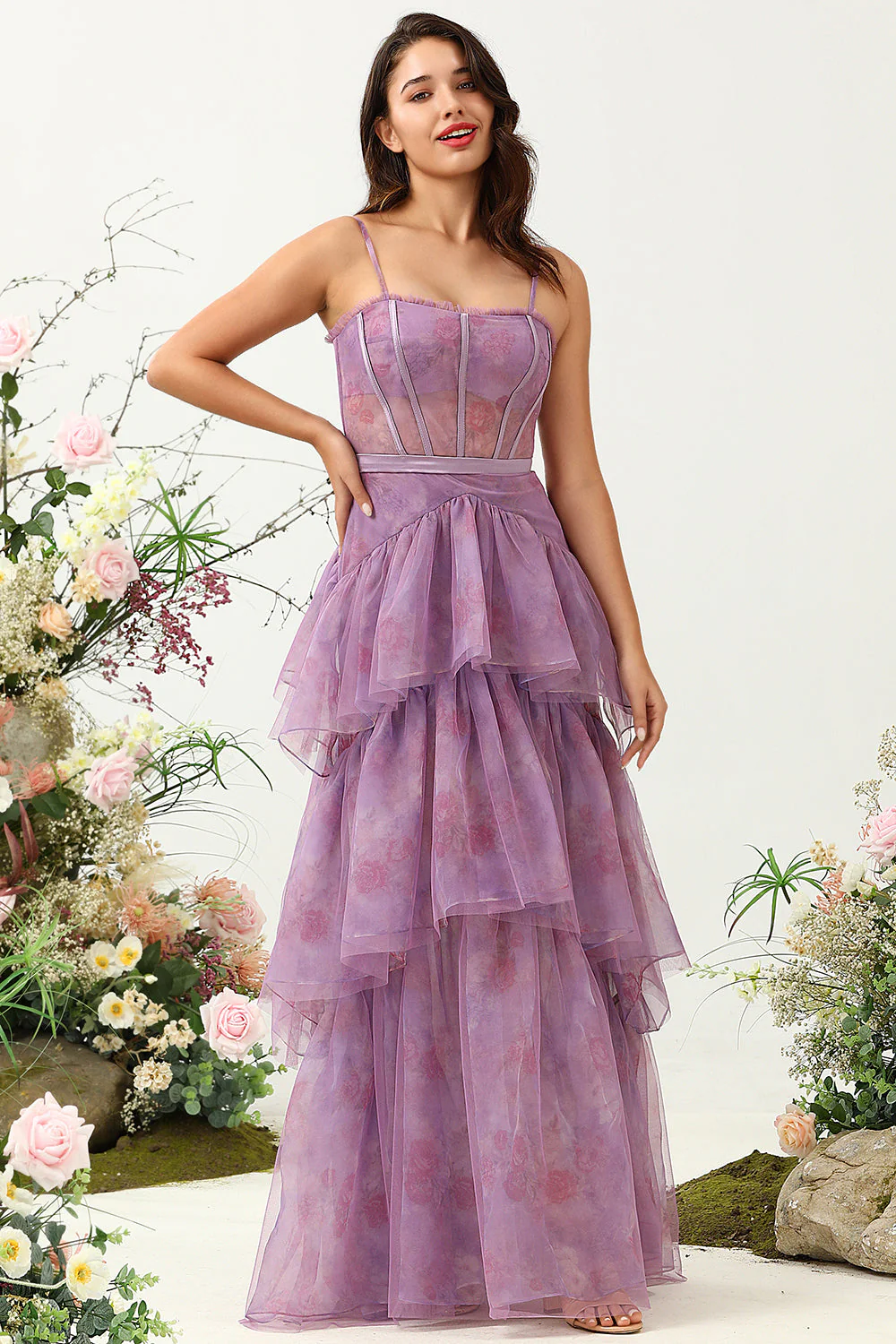 Purple Tulle Spaghetti Straps Corset Bridesmaid Dress - JUORTHO