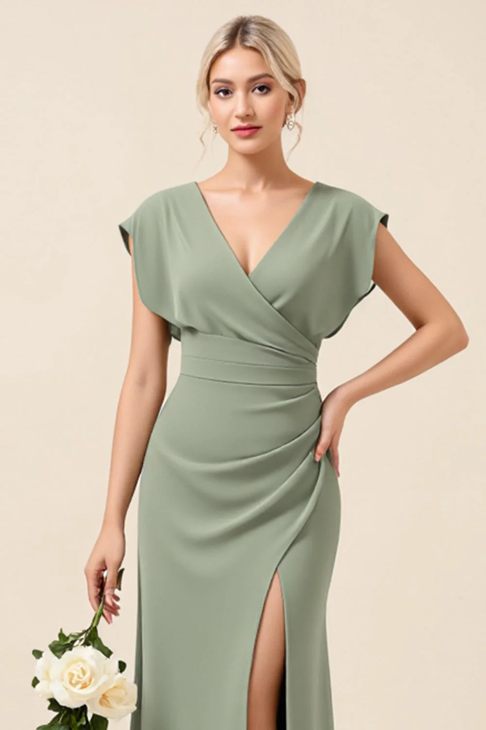 Chiffon Eucalyptus Sheath V-Neck Long Bridesmaid Dress with Slit - JUORTHO
