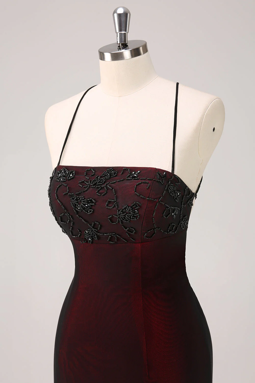 Black Red Spaghetti Straps Mermaid Long Bridesmaid Dress with Beading - JUORTHO