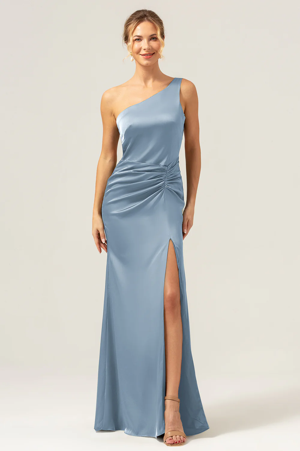 Olive One Shoulder Mermaid Satin Long Bridesmaid Dress with Slit - JUORTHO