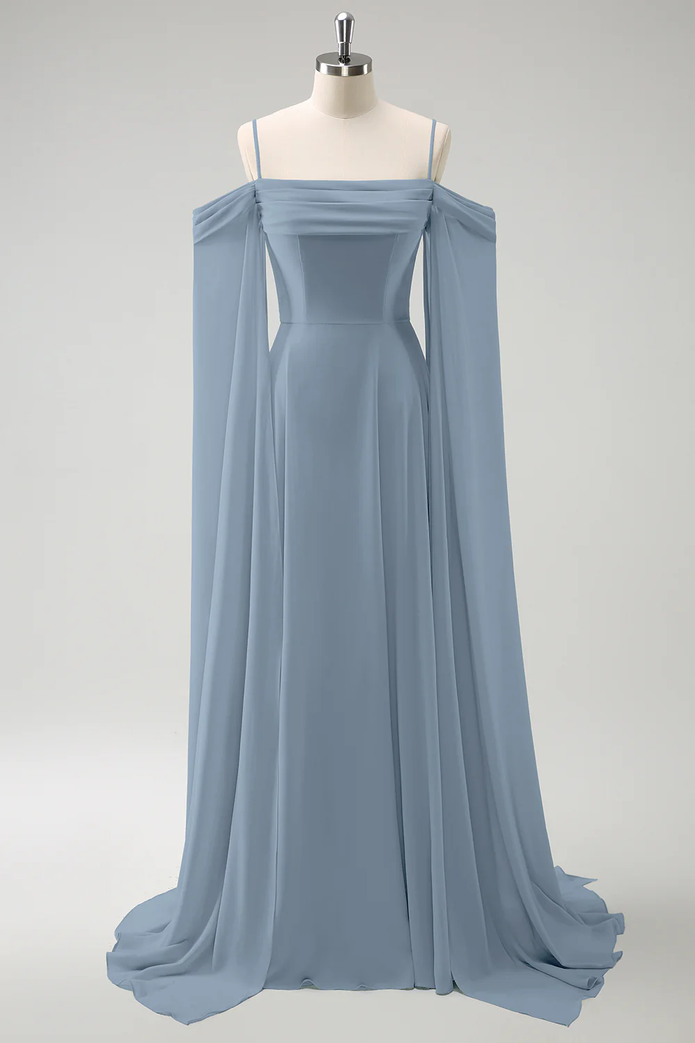 Dusty Blue Cold Shoulder A-Line Long Bridesmaid Dress with Detachable Sleeves - JUORTHO