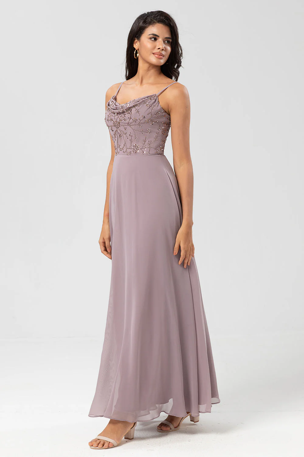 Certifiably Chic A Line Spaghetti Straps Dusty Pink Long Bridesmaid Dress with Beaded - JUORTHO
