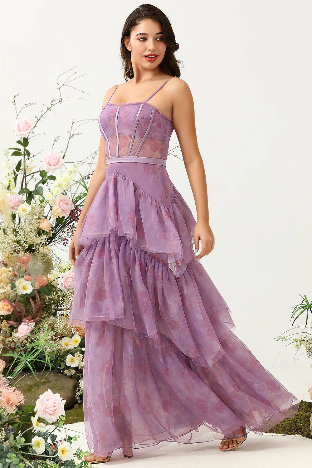 Purple Tulle Spaghetti Straps Corset Bridesmaid Dress - JUORTHO