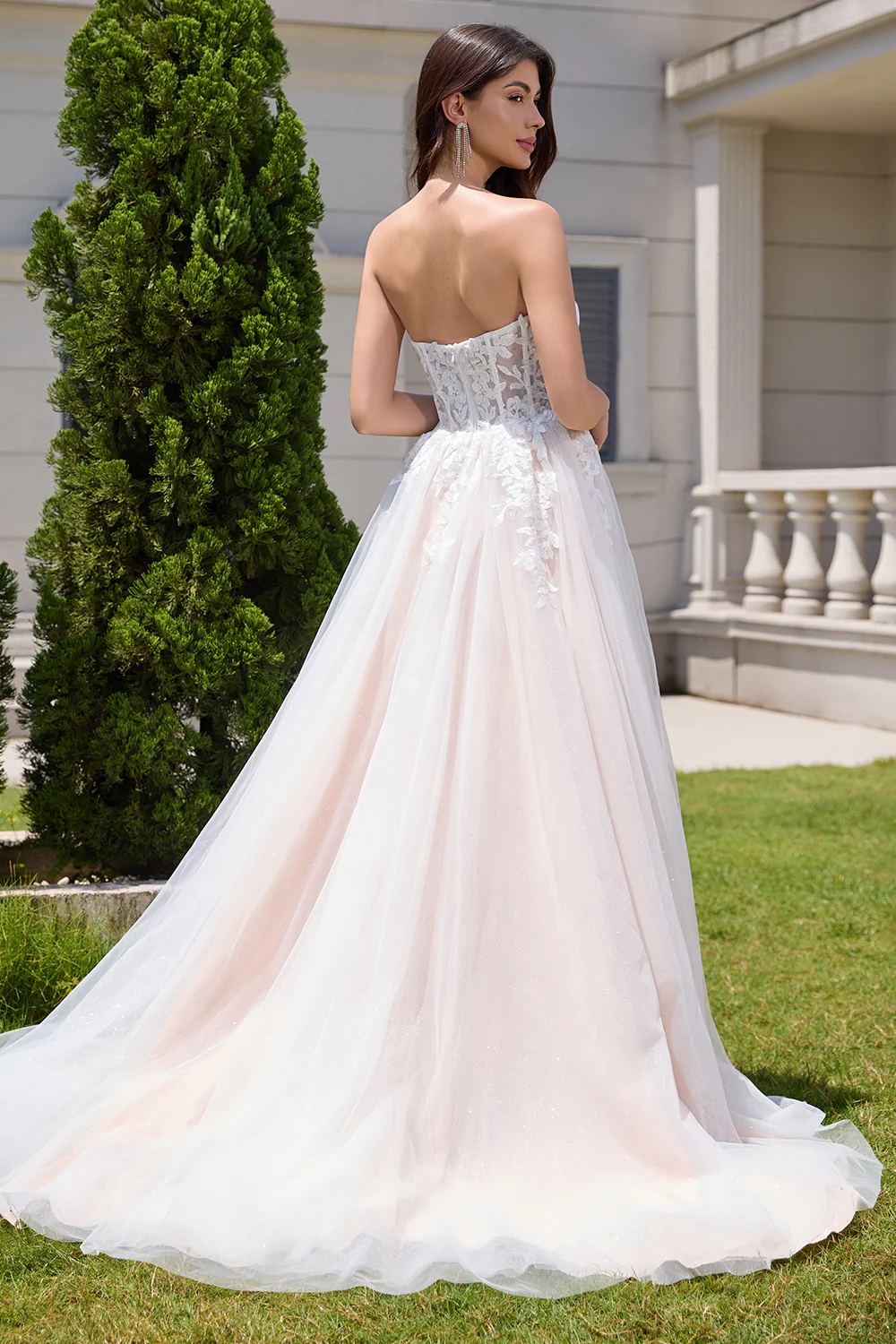 White A Line Strapless Sparkly Wedding Dress with Applique Lace - JUORTHO