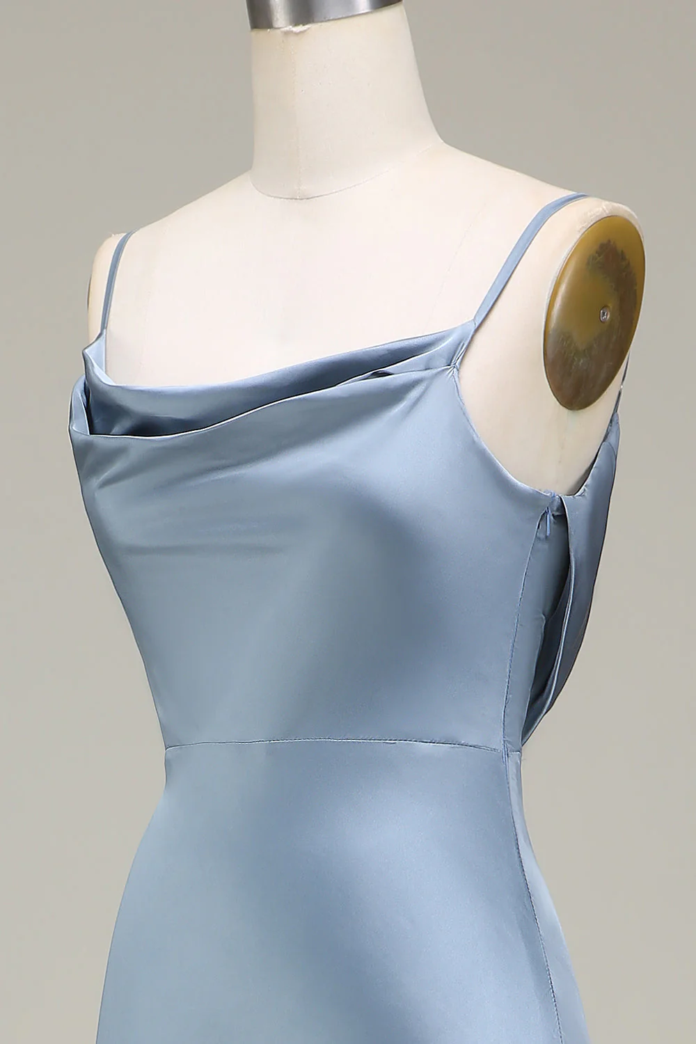 Dusty Blue Sheath Spaghetti Straps Satin Long Bridesmaid Dress - JUORTHO