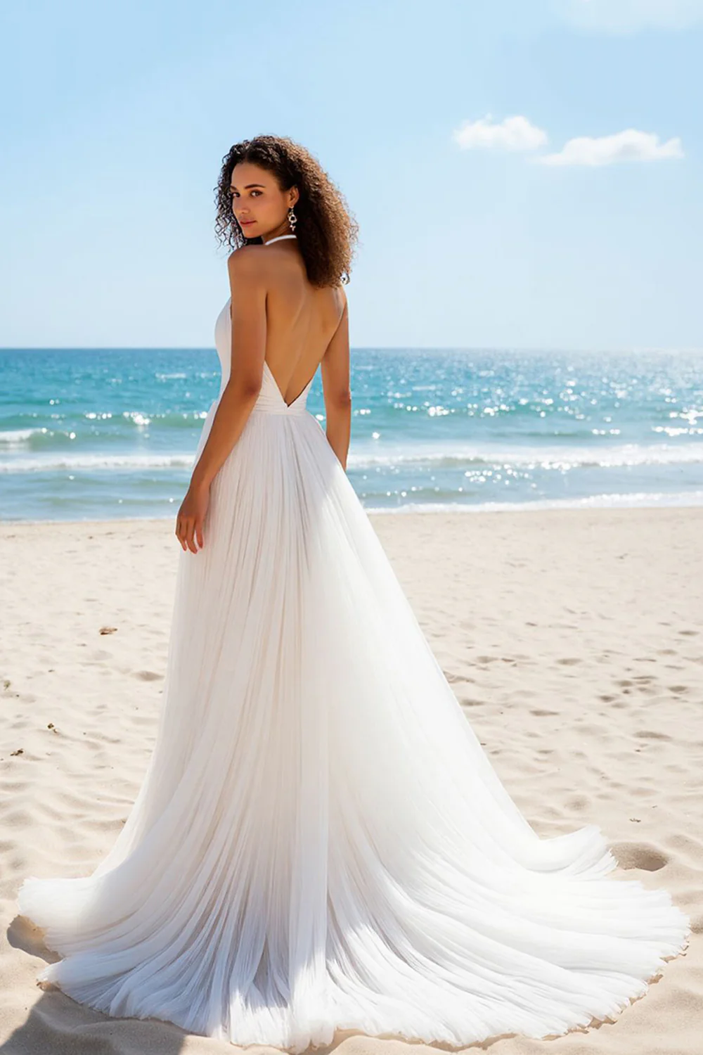 Ivory A Line Tulle Halter Backless Sweep Train Wedding Dress - JUORTHO