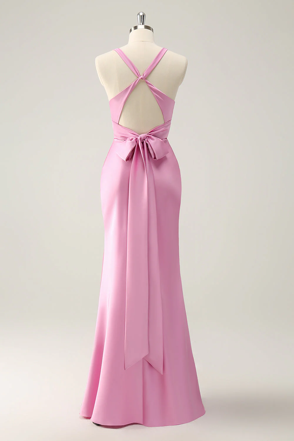 Pink Mermaid V Neck Satin Long Bridesmaid Dress - JUORTHO