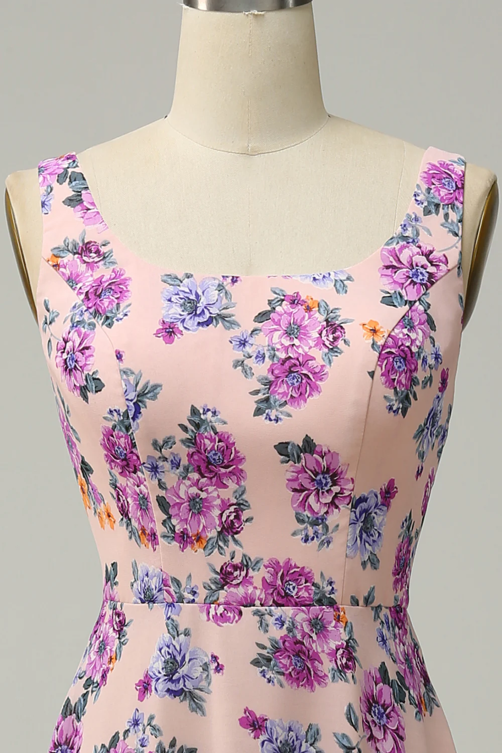 A Line Square Neck Green Floral Long Bridesmaid Dress with Open Back - JUORTHO