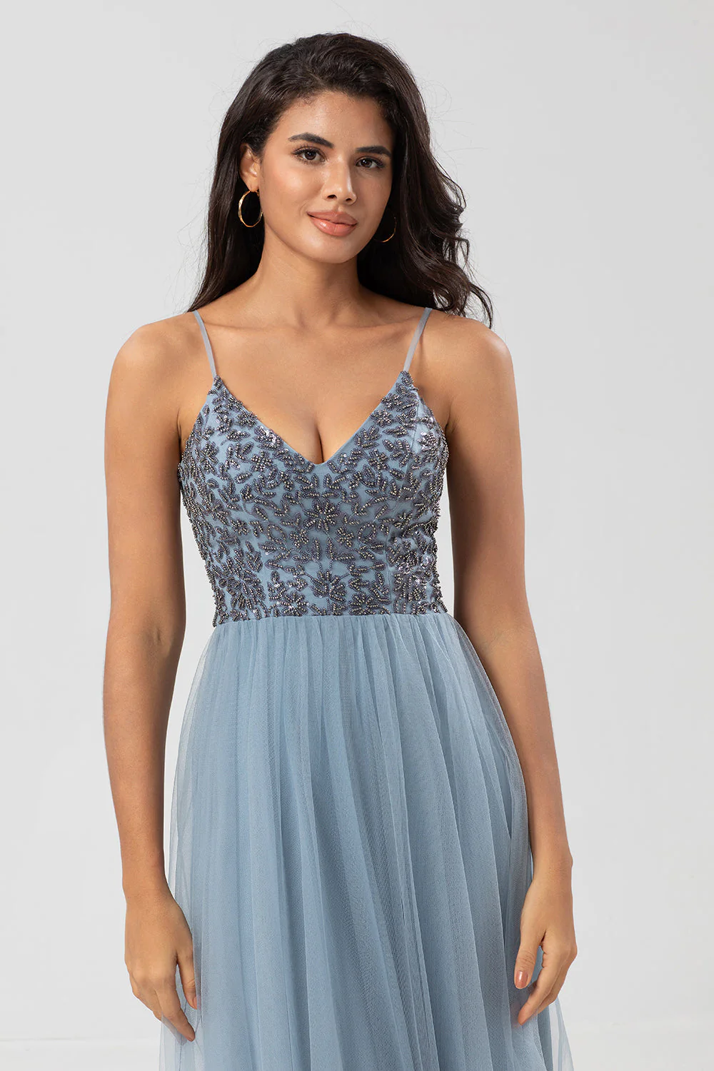 Chic Romantic A Line Spaghetti Straps Dusty Blue Long Bridesmaid Dress with Beading - JUORTHO