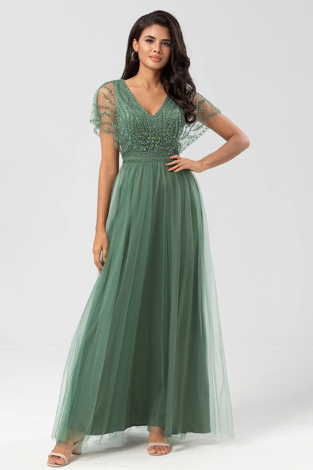 Epitome of Romance A-Line V Neck Eucalyptus Long Bridesmaid Dress with Beading - JUORTHO