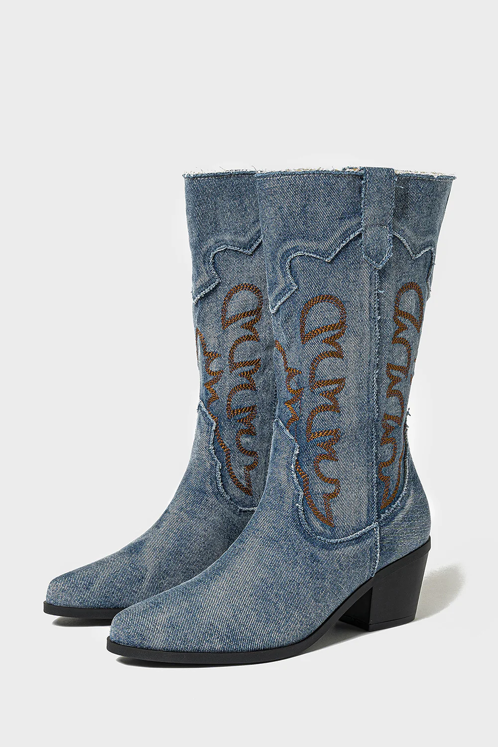 Dark Blue Embroidered Mid Calf Chunky Heel Cowgirl Boots - JUORTHO