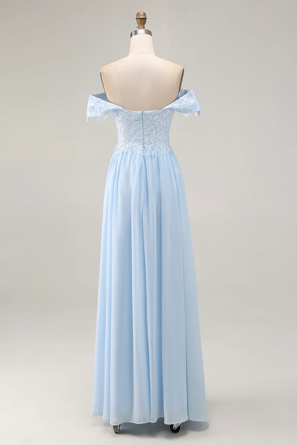 Sky Blue Off the Shoulder Chiffon Sheath Long Mother of the Bride Dress with Appliques - JUORTHO