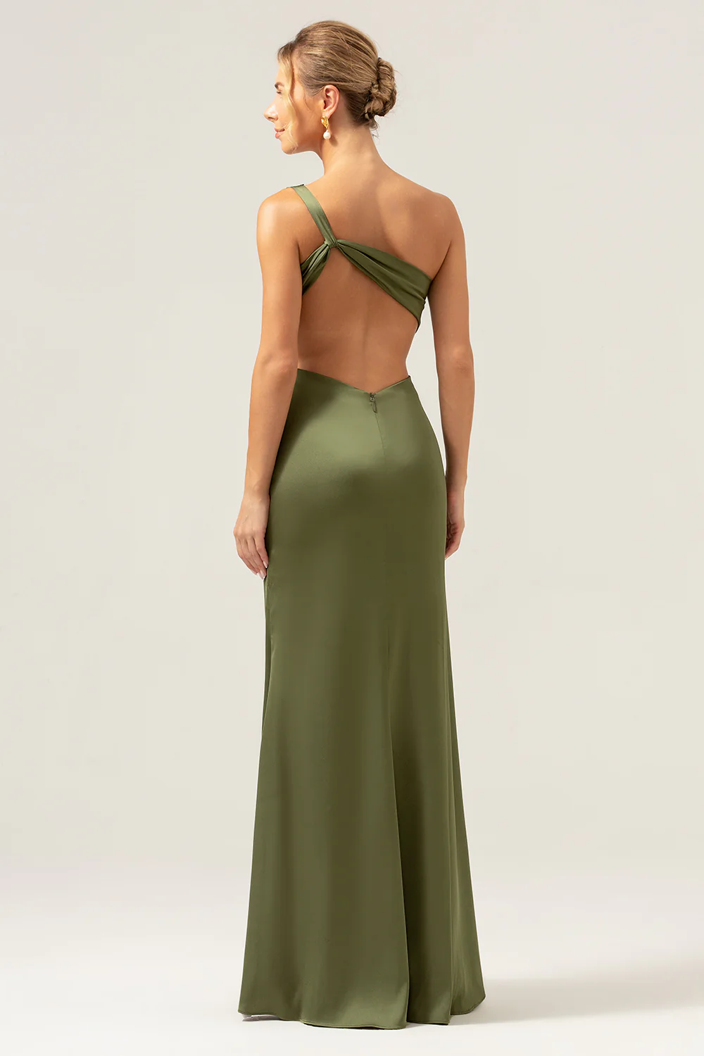Olive One Shoulder Mermaid Satin Long Bridesmaid Dress with Slit - JUORTHO