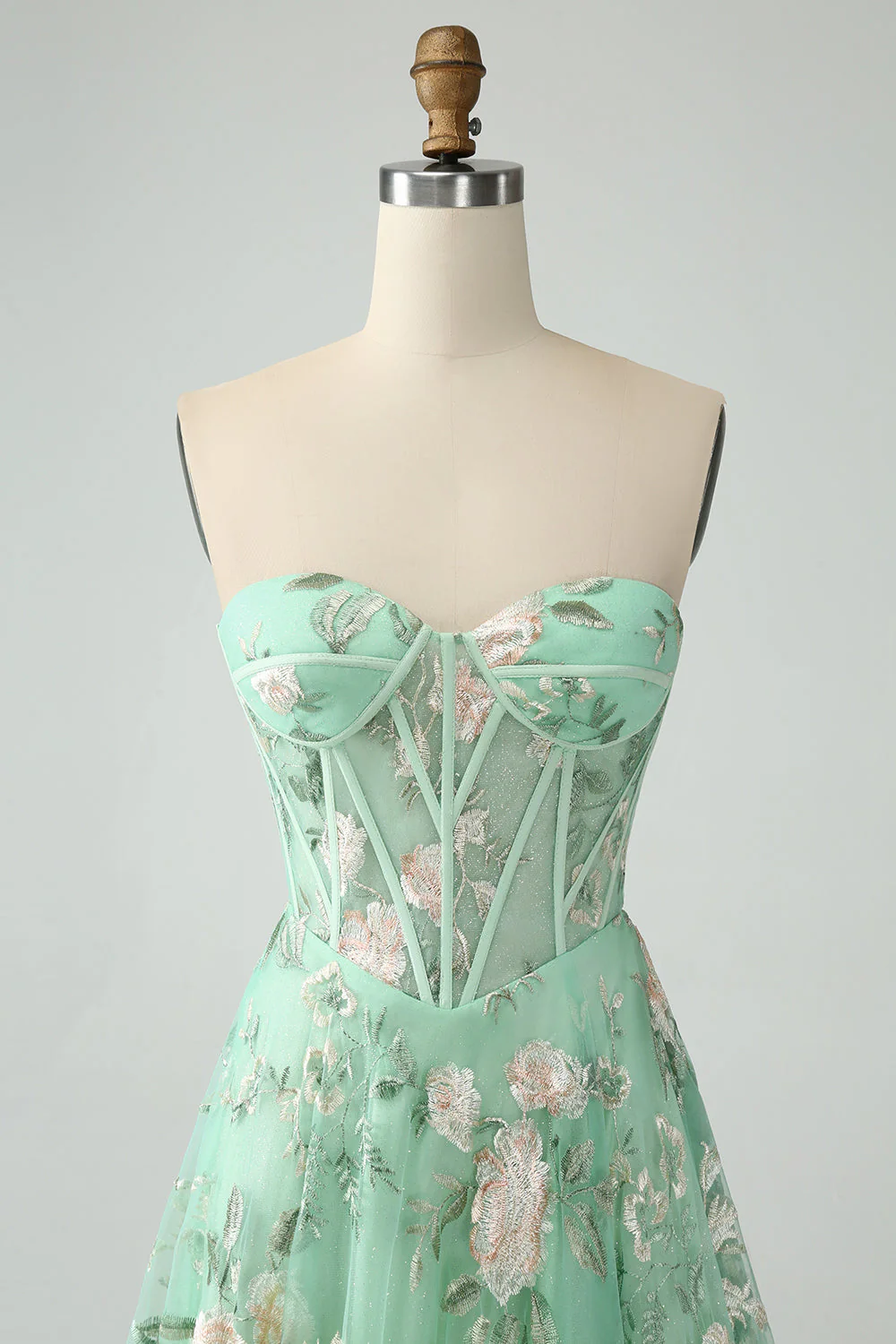 A-Line Light Green Corset Prom Dress with Embroidery - JUORTHO