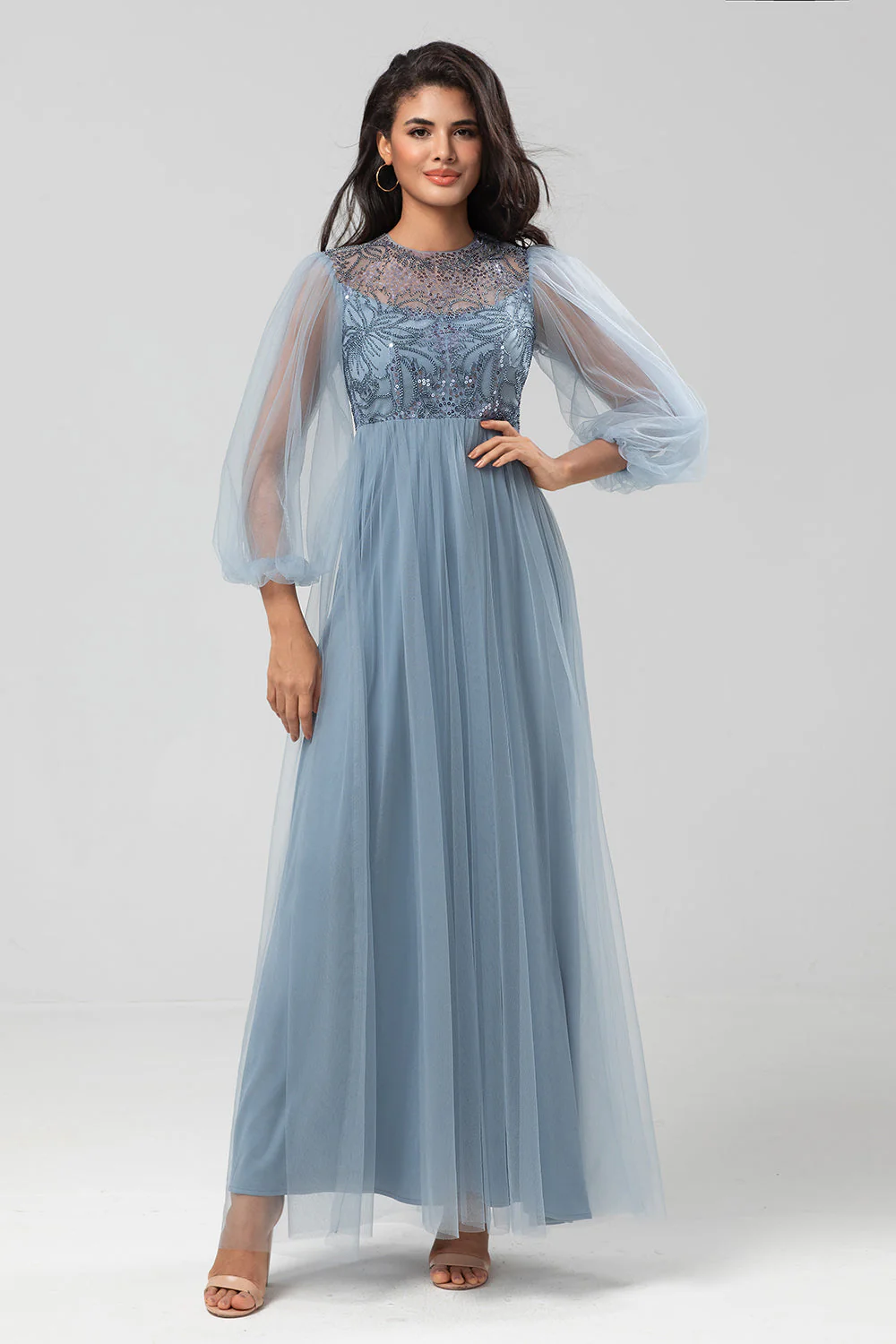 Chic Romantic A Line Jewel Neck Grey Blue Long Wedding Party Dress with Long Sleeves - JUORTHO
