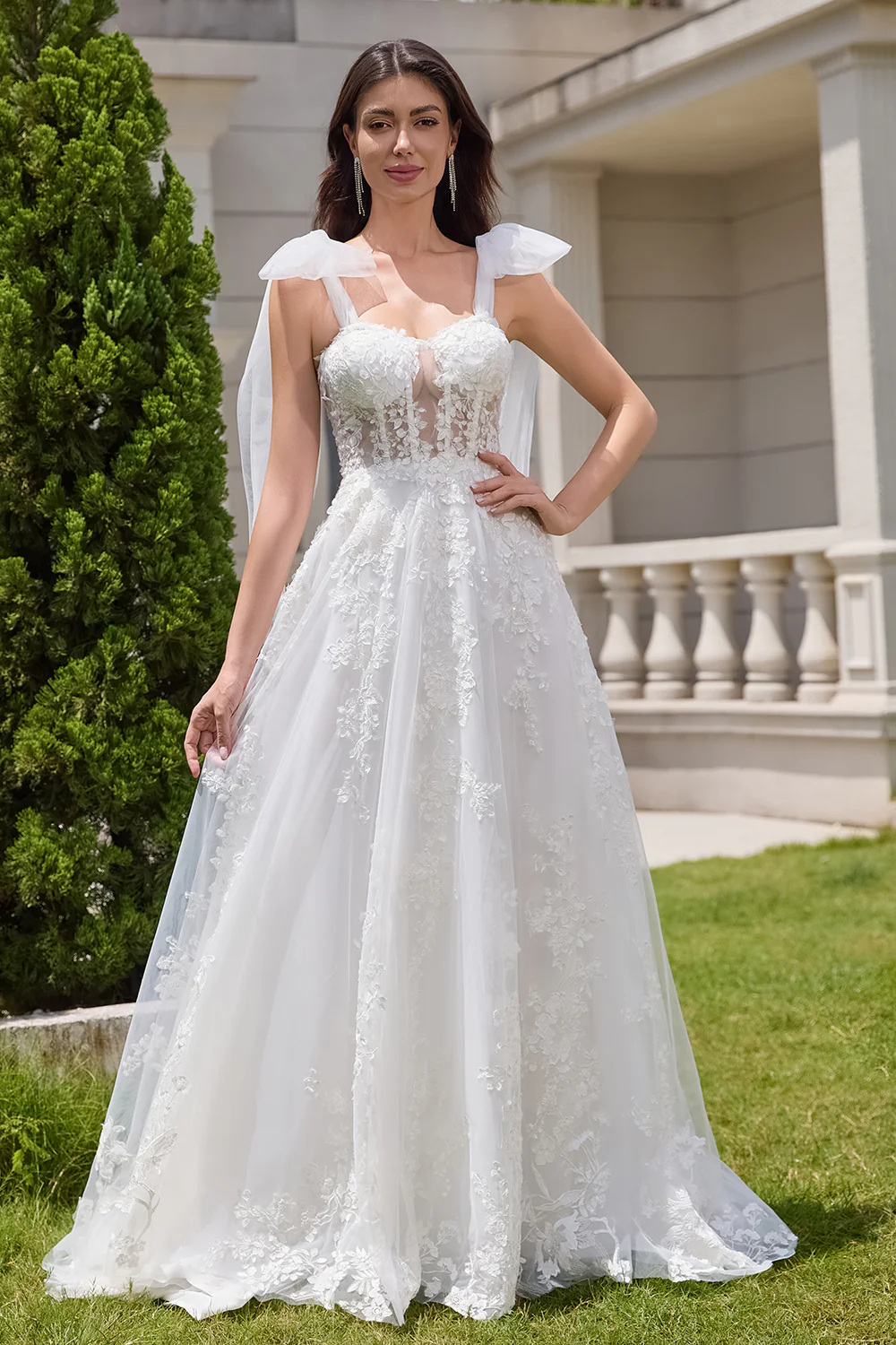 Princess White A-Line Lace Up Corset Tulle Wedding Dress with Appliques Lace - JUORTHO