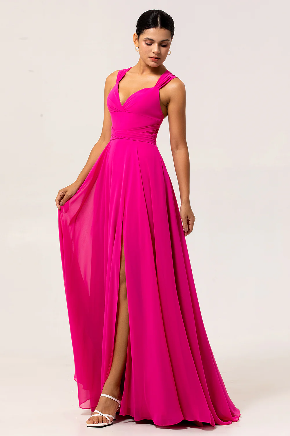 Fuchsia A Line Chiffon Long Bridesmaid Dress with Slit - JUORTHO