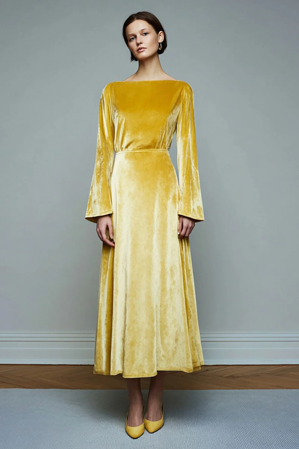 Yellow Velvet Long A Line Holiday Party Dress with Sleeves - JUORTHO