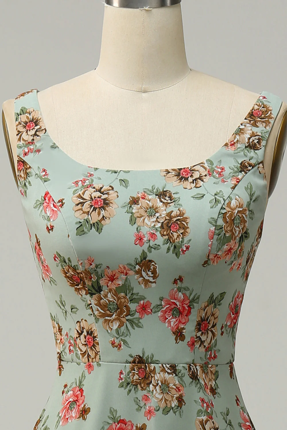 A Line Square Neck Pink Floral Long Bridesmaid Dress with Open Back - JUORTHO